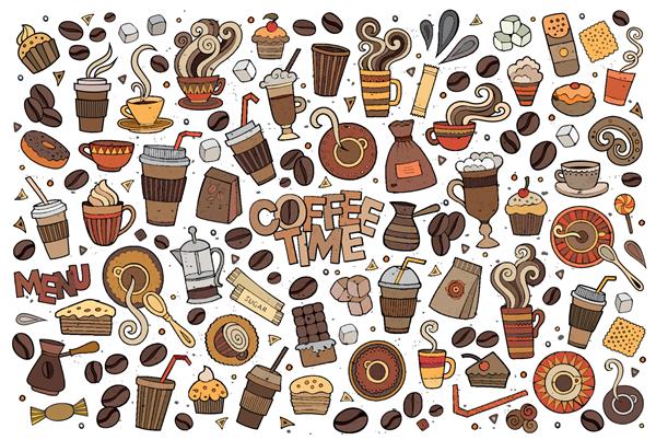 مجموعه کارتونی Doodle وکتور رنگارنگ از اشیاء و نمادها با موضوع زمان قهوه