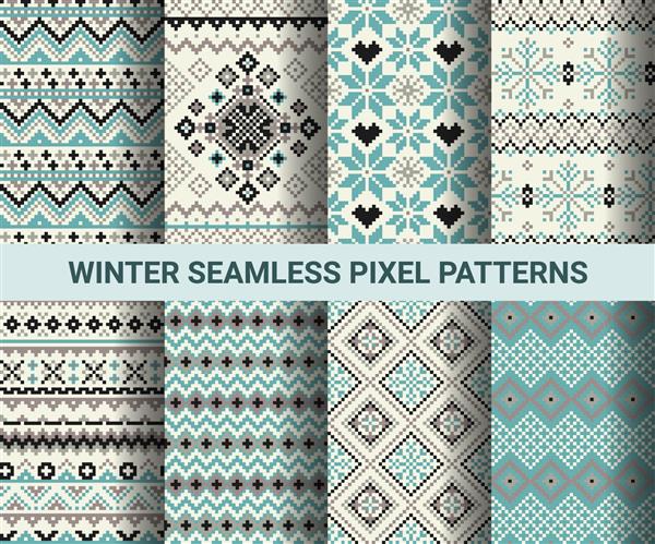 مجموعه ای از الگوهای بدون درز یکپارچهسازی با سیستمعامل پیکسل با تزئینات سبک زمستانی نوردیک تصویر وکتور