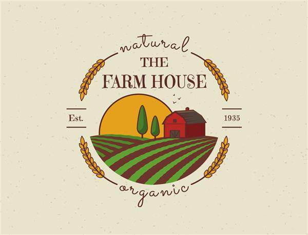 لوگوی مفهومی خانه مزرعه الگوی رنگی با منظره مزرعه برچسب به سبک یکپارچهسازی با سیستمعامل برای محصولات طبیعی و ارگانیک تصویر وکتور