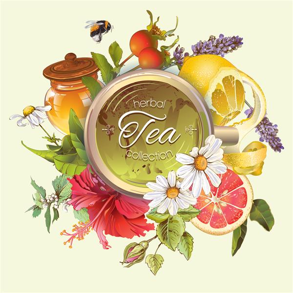 وکتور بنر گرد فنجان چای قدیمی با عسل هیبیسکوس لیمو و گل رز طراحی برای چای گیاهی و میوه ای لوازم آرایشی طبیعی آب نبات مواد غذایی و محصولات بهداشتی قابل استفاده به عنوان طراحی لوگو