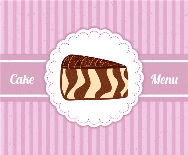 الگوی وکتور منوی دسرهای کافه را با تکه ای از کیک گورخری خوشمزه پوشش می دهد تکه ای از کیک در یک دایره سفید در زمینه صورتی قدیمی ایده هایی برای طراحی منوی کیک به سبک یکپارچهسازی با سیستمعامل