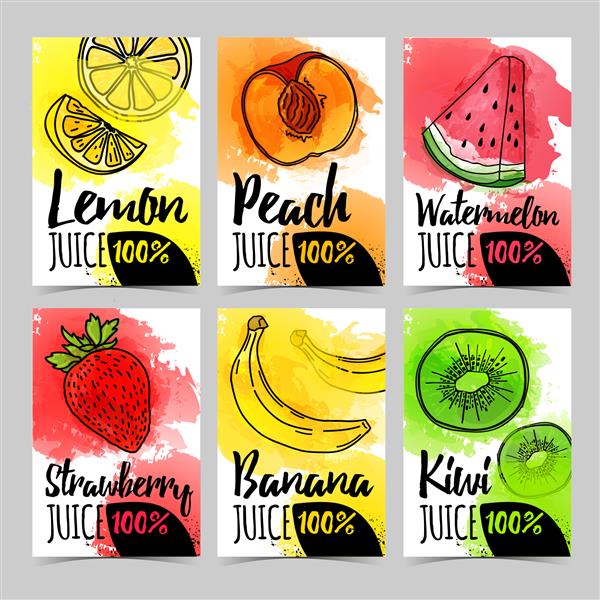 کارت طراحی قالب ست بروشور با تزئین میوه و توت کارت پستال بنر دعوت نامه بروشور برای آب میوه ارگانیک طبیعی با بافت آبرنگ بردار