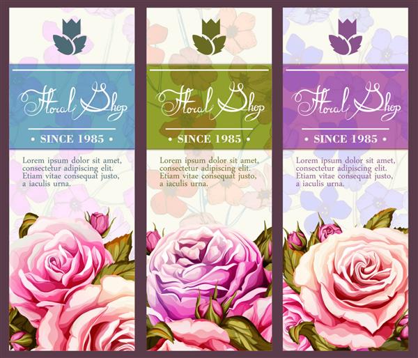 سه کارت الگو با گل رز قالب گل فروشی قابل استفاده به عنوان دعوتنامه تبلیغات گل تعطیلات مختلف و غیره نیز سبک وینتیج