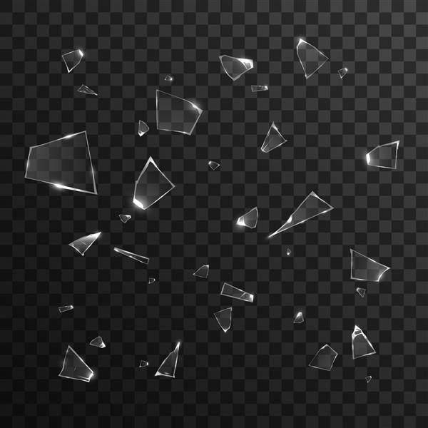 قطعات شیشه شکسته جدا شده بر روی پس زمینه شفاف سیاه و سفید تصویر وکتور eps 10