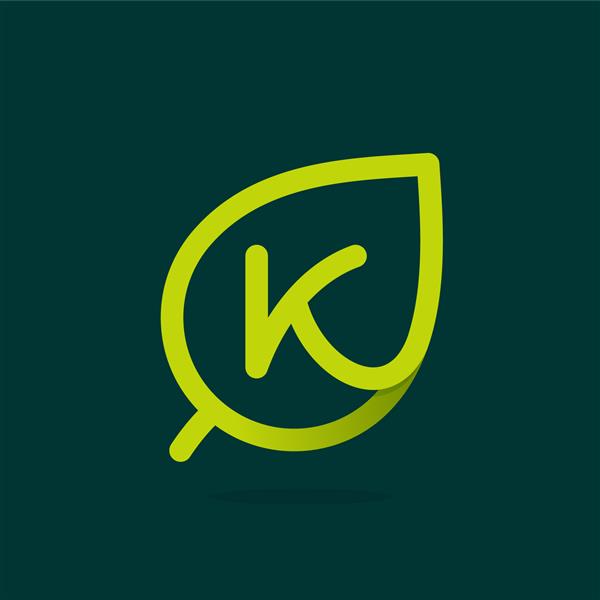 آرم حرف K در برگ سبز نماد سبک خط وکتور عناصر اکولوژی برای پوستر تی شرت و کارت