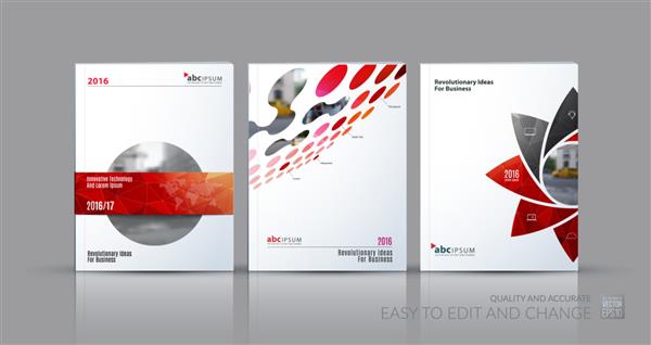 مجموعه وکتور کسب و کار طرح بندی قالب بروشور گزارش سالانه طراحی جلد مجله بروشور در A4 با اشکال گرد هندسی قرمز دایره هایی برای علم سفر امور مالی طراحی خلاقانه انتزاعی
