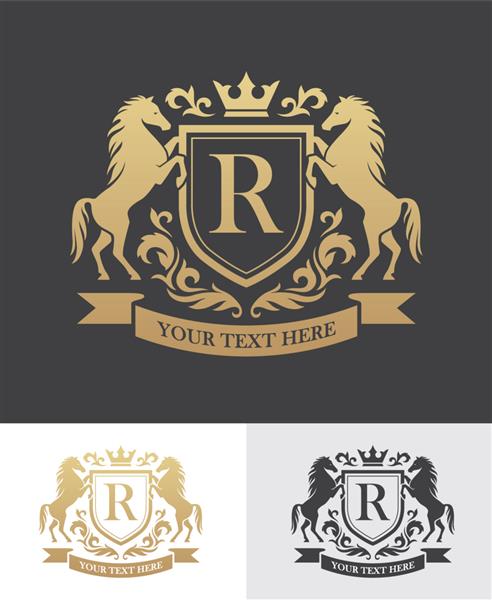تاج طلایی رترو با سپر و دو اسب می تواند به عنوان لوگو نشان یا بنر برای مفهوم طراحی لوکس سلطنتی یا قدیمی استفاده شود