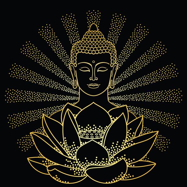 بودای طلایی و نیلوفر آبی با پرتو نور جدا شده در زمینه سیاه علامت خالکوبی چاپ پارچه طلسم و طلسم