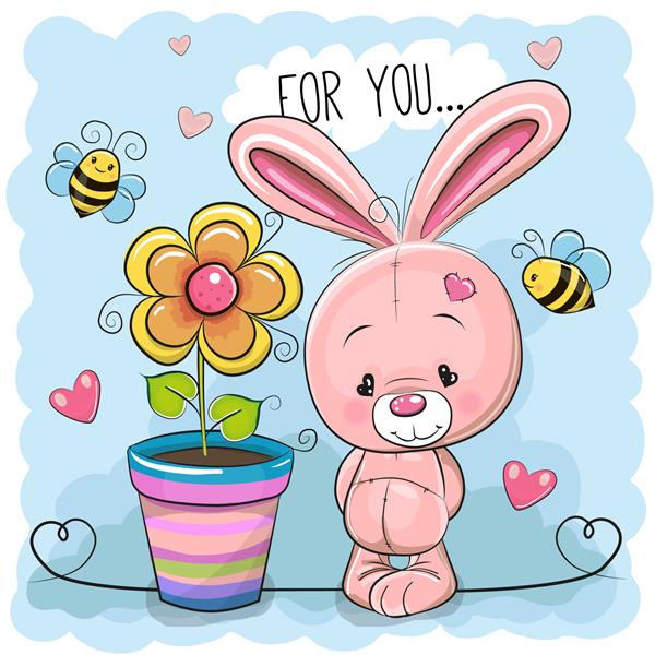 کارت تبریک کارتونی خرگوش زیبا با گل در پس زمینه آبی