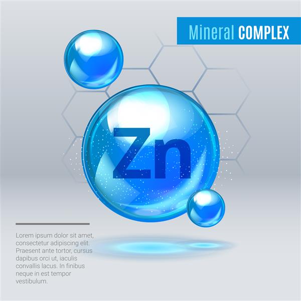 نماد کپسول قرص درخشان آبی Mineral Zn Zink کمپلکس ویتامین معدنی با فرمول شیمیایی قطره ماده فیروزه ای درخشان داروها برای تبلیغات سلامتی تصویر وکتور
