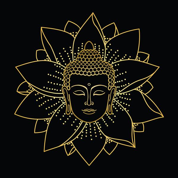 سر بودای طلایی و نیلوفر آبی جدا شده در پس زمینه سیاه علامت خالکوبی چاپ پارچه طلسم و طلسم