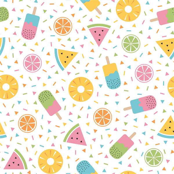 الگوی بدون درز تابستانی رنگارنگ با میوه‌های استوایی و بستنی به سبک ممفیس