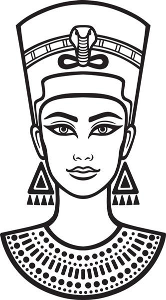 پرتره متحرک زن زیبای مصری تصویر وکتور سیاه و سفید جدا شده روی پس‌زمینه سفید چاپ پوستر تی شرت خالکوبی
