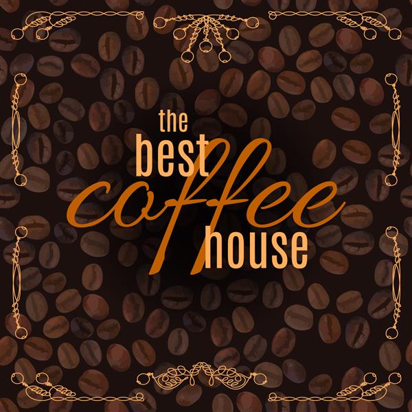 حروف قهوه خانه با قاب قدیمی خط ابله روی پس‌زمینه الگوی دانه‌های قهوه تصویر وکتور
