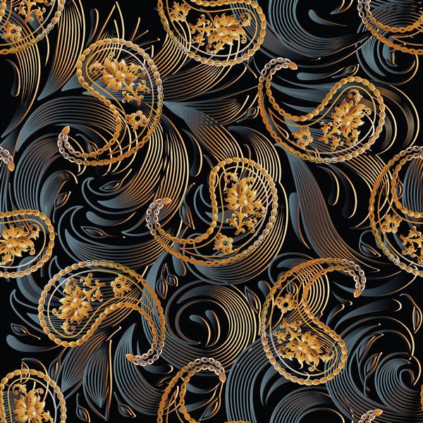 الگوی بدون درز پیزلی تصویر زمینه پس‌زمینه گلدار سیاه تیره با گل‌های سه‌بعدی طلایی برگ‌های راه راه منحنی چرخشی و تزئینات مدرن وکتور بافت پارچه