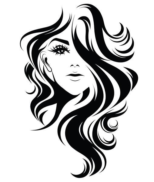 تصویر آیکون مدل موهای بلند زنانه لوگوی زنانه در پس زمینه سفید وکتور