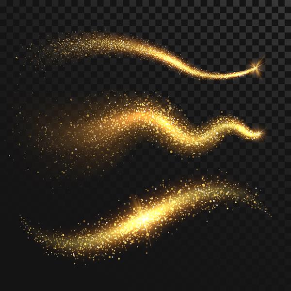 دم های گرد و غبار درخشان طلایی مجموعه وکتور امواج طلایی درخشان با درخشش نور موج درخشش تصویر دم طلایی درخشان و زرق و برق