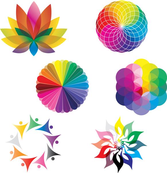 مجموعه چرخ های رنگی - دایره ها گل نیلوفر آبی گل زندگی در رنگ های رنگین کمان