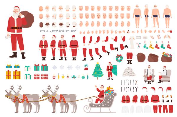 سازنده بابا نوئل یا کیت DIY مجموعه ای از اعضای بدن شخصیت های کارتونی کریسمس لباس ها ویژگی های تعطیلات جدا شده در پس زمینه سفید نمای جلو پهلو پشت تصویر وکتور