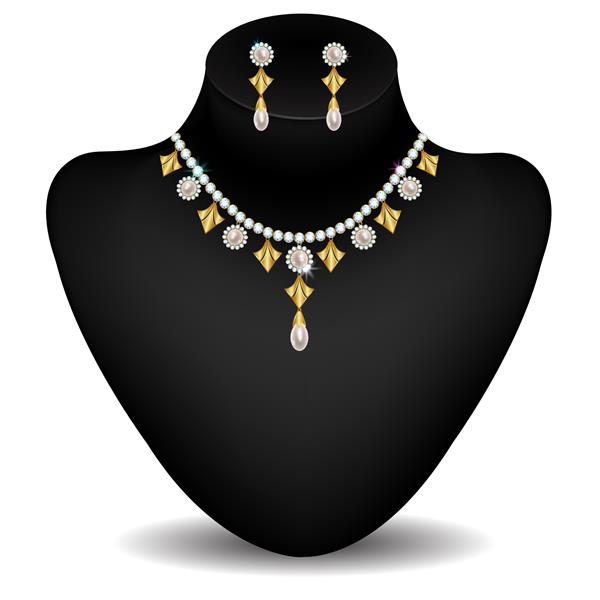 گردنبند و گوشواره طلا با الماس و مروارید روی یک آدمک