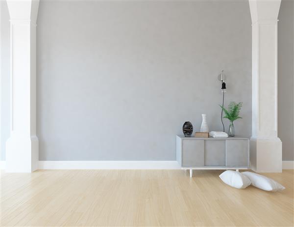 ایده فضای داخلی اتاق سفید اسکاندیناوی با کمد و دکور روی زمین و دیوار بزرگ و منظره سفید در پنجره داخلی نوردیک خانه تصویرسازی سه بعدی