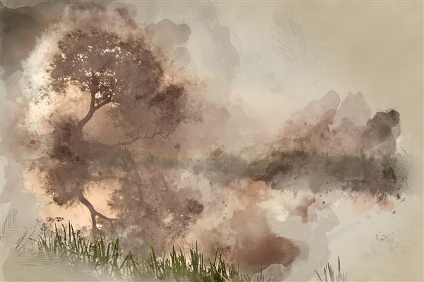 نقاشی دیجیتالی با آبرنگ از منظره منظره از رودخانه مه آلود در طلوع خورشید