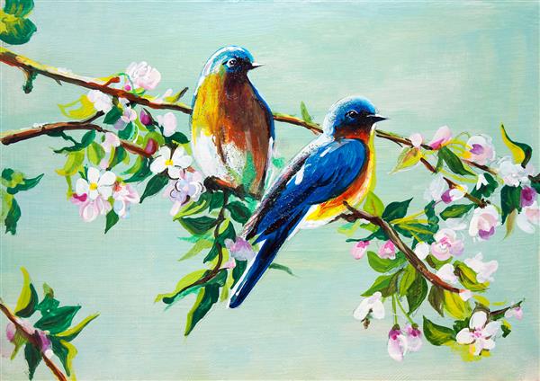 پرندگان آبی در درخت سیب بهاری رنگ روغن