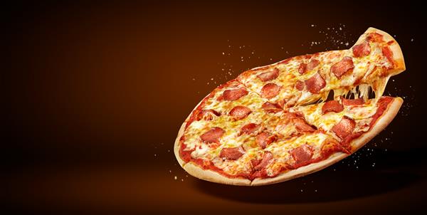 بروشور و پوستر تبلیغاتی مفهومی برای رستوران ها یا پیتزا فروشی ها قالب با طعم خوشمزه پیتزا پپرونی پنیر موزارلا و فضای کپی برای متن شما