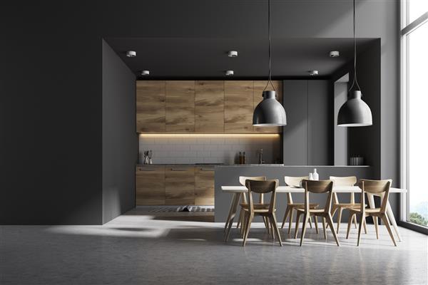 داخلی آشپزخانه مدرن با دیوارهای آجری خاکستری و سفید کف بتنی و میزهای چوبی و خاکستری یک میز بلند با صندلی در نزدیکی آن یک دیوار ماکت رندر سه بعدی
