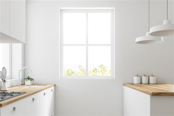 گوشه آشپزخانه سفید با کف چوبی پنجره های بزرگ و میز و کمد سفید ماکت رندر سه بعدی نمای جانبی