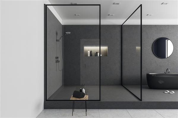 فضای داخلی حمام شیشه ای جدید با وان حمام و آینه رندر سه بعدی