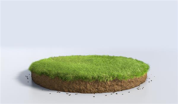 تصویر سه‌بعدی سطح مقطع زمین گرد با زمین خاکی و چمن سبز رندر سه‌بعدی دایره‌ای واقع‌گرایانه کف زمین بریده شده با سنگ جدا شده