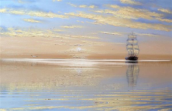 نقاشی رنگ روغن منظره دریا کشتی قایق ماهیگیر هنرهای زیبا