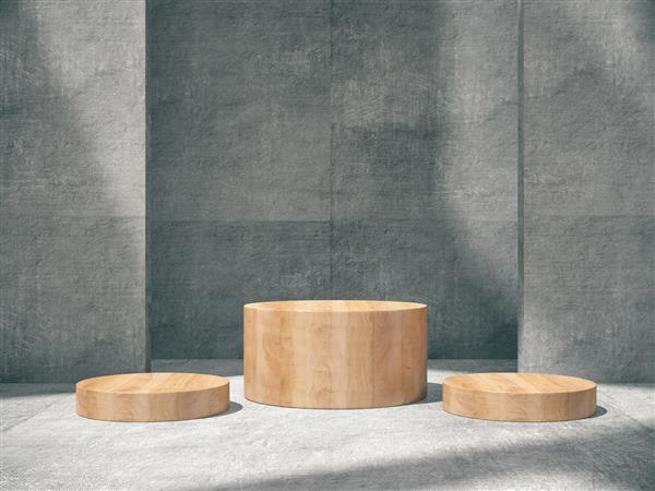 پایه چوبی برای نمایش سکو برای طراحی پایه محصول خالی با اتاق خالی بتونی رندر سه بعدی