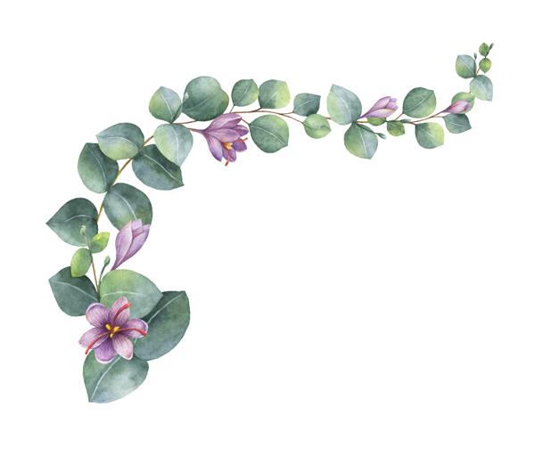 تاج گل دستی نقاشی شده با آبرنگ با برگ های سبز اکالیپتوس گل های بنفش و شاخه ها گل های بهاری یا تابستانی برای کارت های دعوت عروسی یا تبریک