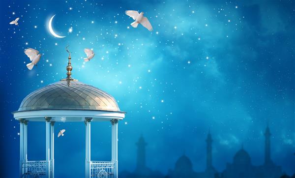 پس زمینه رمضان کریم هلال ماه در بالای یک مسجد