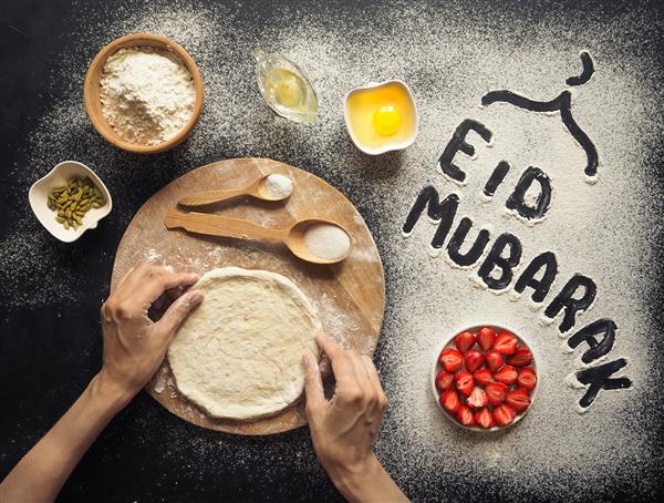 عید مبارک - عبارت خوش آمدگویی اعیاد اسلامی تعطیلات مبارک تبریک محفوظ است پس زمینه آشپزی عربی