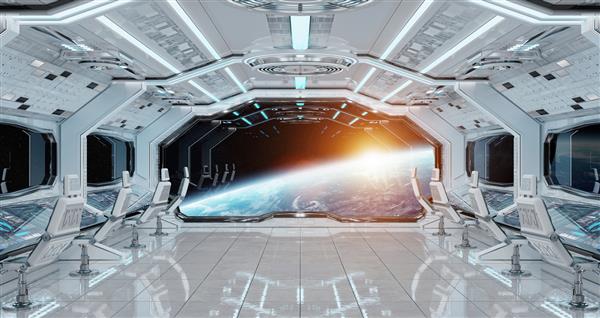 فضای داخلی سفید تمیز با نمای سیاره زمین عناصر رندر سه بعدی این تصویر ارائه شده توسط ناسا