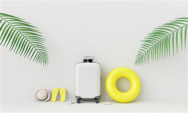 چمدان سفید با لوازم ساحلی و برگ خرما گرمسیری در زمینه سفید مفهوم سفر تابستانی رندر سه بعدی