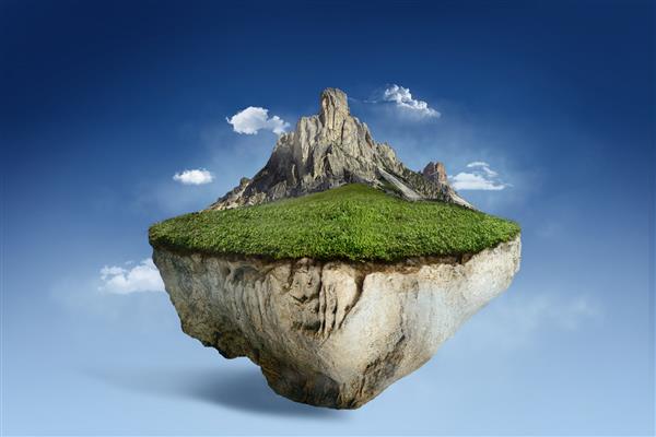 جزیره شناور فانتزی با کوه جدا شده روی ابر آسمان آبی جزیره پرنده سورئال با تصویر سه بعدی چمن طبیعی سبز