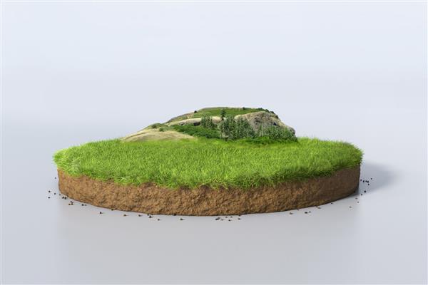 رندر سه بعدی دایره ای واقع گرایانه کف زمین بریده شده با سنگ جدا شده تصویر سه بعدی خاک گرد سطح مقطع زمین با زمین چمن سبز و کوه