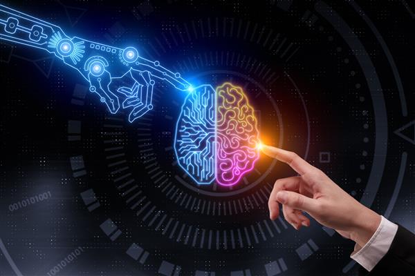 دستی که به مغز دیجیتال درخشان اشاره می کند هوش مصنوعی و مفهوم آینده رندر سه بعدی