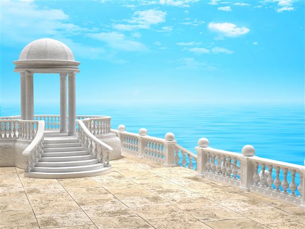 روتوندا گرد با ستون‌ها نرده و پله‌های فرفری روی اسکله‌ای سنگی با رندر سه بعدی معماری یونانی در ساحل دریای لطیف