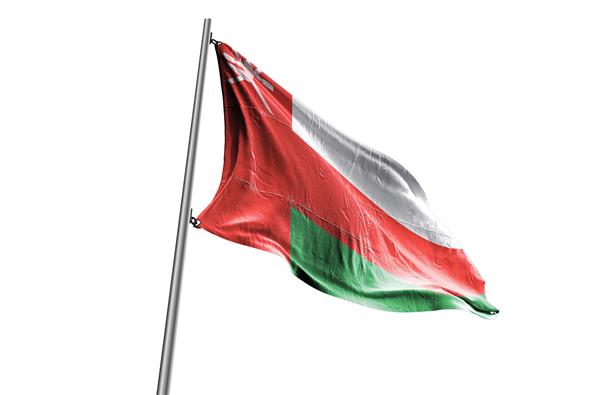 پرچم عمان در حال تکان دادن پس زمینه سفید