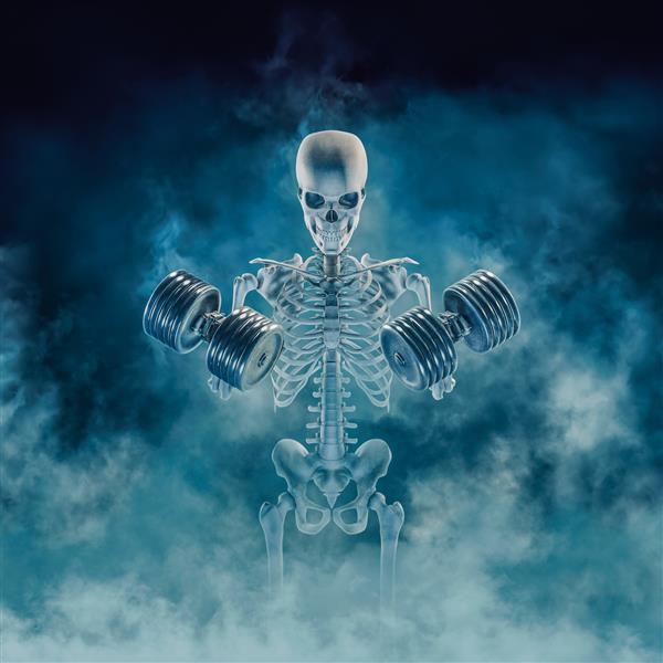 بدنساز فانتوم تصویر سه بعدی از اسکلت تناسب اندام ترسناک در حال بلند کردن دمبل های سنگین که از میان دود بیرون می آیند