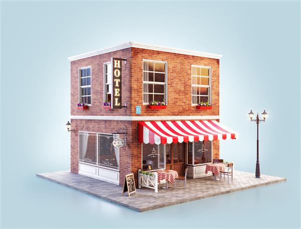 تصویر سه بعدی غیرمعمول از یک کافه کافی شاپ یا ساختمان قهوه خانه دنج با سایه بان راه راه و میزهای فضای باز