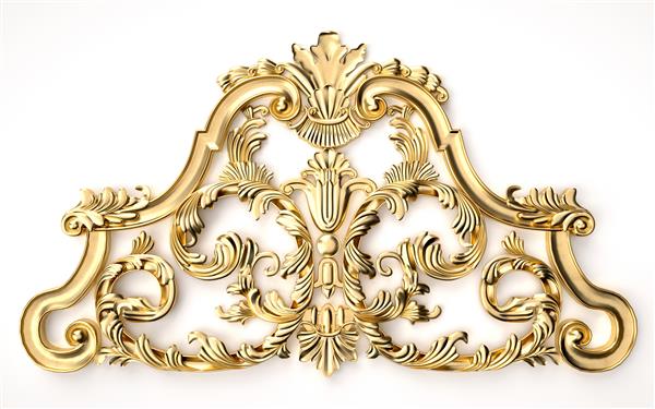 رندر سه بعدی نقش برجسته طلایی زیبا جدا شده روی سفید تزئینات حکاکی لوکس معماری جزئیات داخلی کلاسیک ساخته شده از طلا