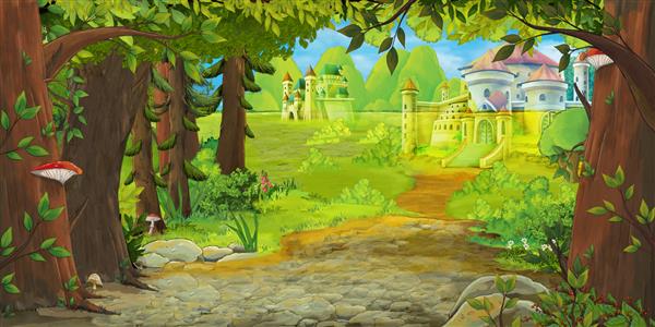صحنه طبیعت کارتونی با قلعه زیبا در نزدیکی جنگل - تصویر برای کودکان