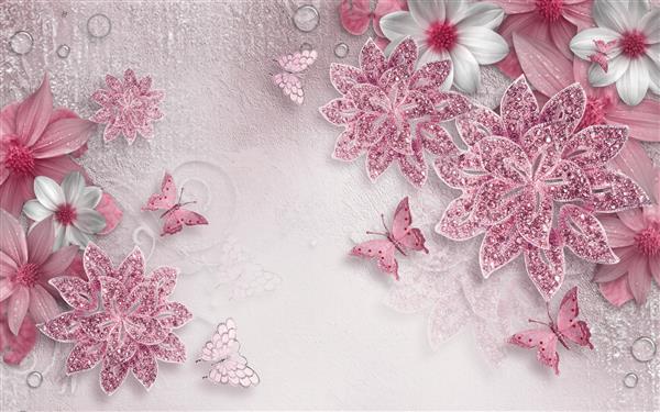 طرح کاغذ دیواری سه بعدی با گل و نگین برای نقاشی دیواری