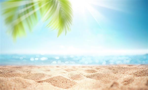 پس‌زمینه بدون تمرکز تاری انتزاعی طبیعت ساحل تابستانی گرمسیری با پرتوهای نور خورشید ساحل ماسه طلایی آب دریا و برگ های نخل در برابر آسمان فضای کپی مفهوم تعطیلات تابستانی